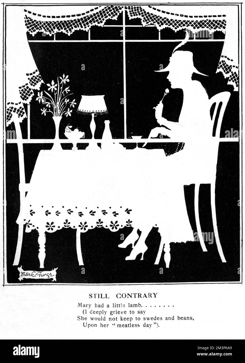 Lady isst in Silhouette von Nellie E. George Stockfoto