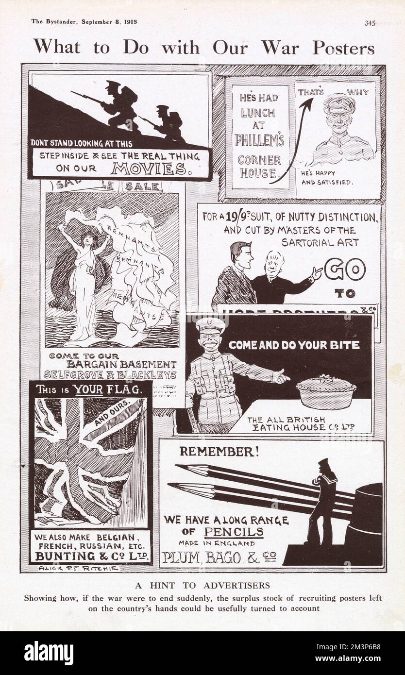 Ein humorvoller Cartoon vom Zuschauer von Alick P. F. Ritchie mit Vorschlägen, was man mit weggeworfenen Kriegsposten machen sollte. Einige der Poster sind Spoofs vertrauter Designs, darunter unten rechts eine Hommage an The Remember! Poster gezeichnet von H. L. Oakley. Stockfoto