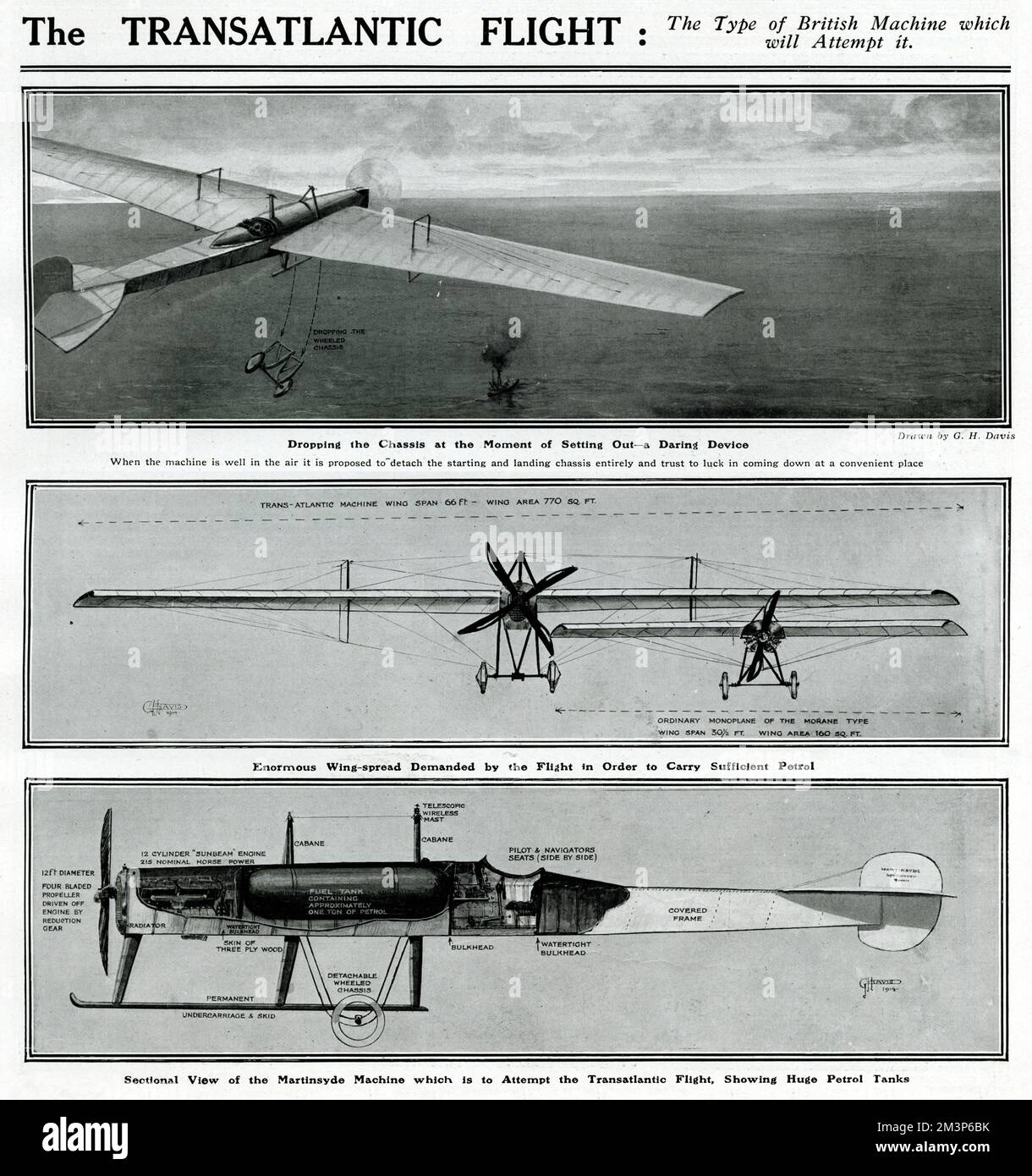 Der transatlantische Flug: Die Art von britischer Maschine, die es versuchen wird. Oben: Das Fahrgestell fallen zu lassen, wenn wir losfahren -- ein gewagtes Gerät. Mitte: Enorme Flügelbreite, die vom Flug gefordert wurde, um ausreichend Benzin zu transportieren. Unten: Schnittansicht der Martinsyde-Maschine, die den transatlantischen Flug versuchen soll und riesige Benzintanks zeigt. Stockfoto