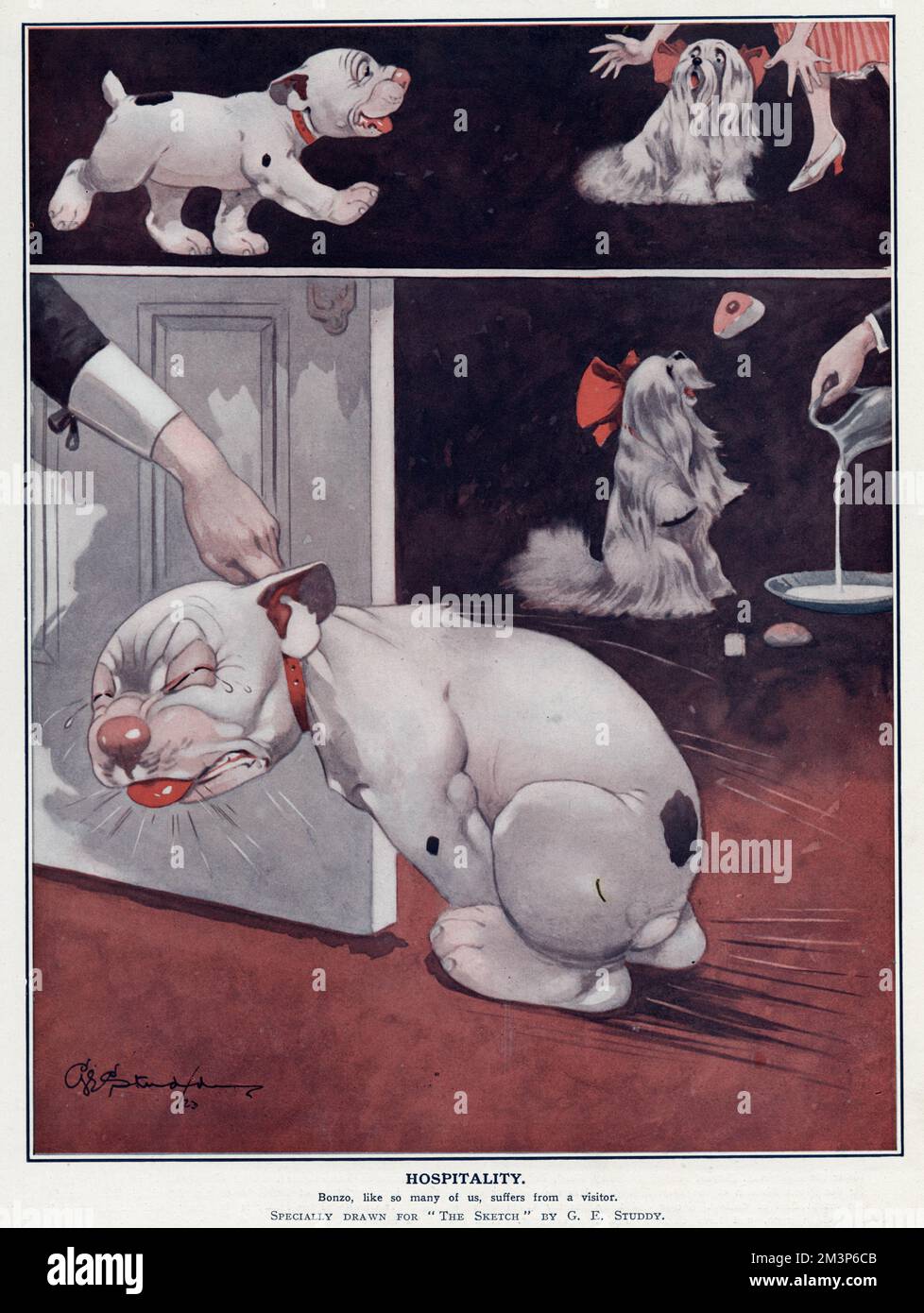 Gastfreundschaft. Wegen der Ankunft eines Besuchers und ihres Hundes wird eine widerwillige Bonzo aus dem Zimmer geschleppt. Datum: 1923 Stockfoto