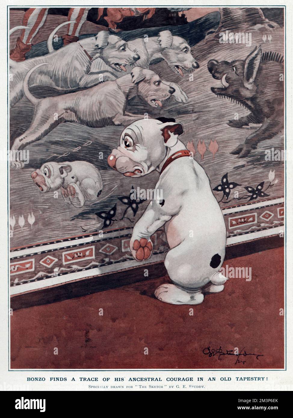 Bonzo findet eine Spur seines uralten Mutes in einem alten Wandteppich -- er bemerkt, dass sein Vorfahre vor einem Wildschwein wegläuft, während größere und mutigere Hunde ihm gegenübertreten. Datum: 1924 Stockfoto