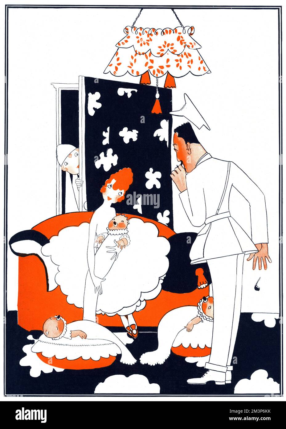 Eine humorvolle Illustration von Annie Fish, die einem Officer zeigt, der auf Urlaub nach Hause zurückkehrt, um zu entdecken, dass seine Frau Patrioten gebar. Datum: 1915 Stockfoto