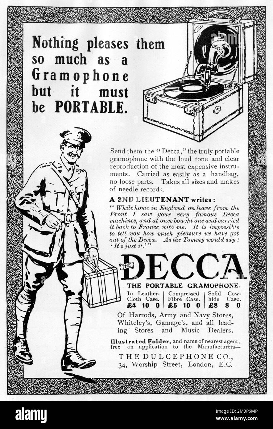 Werbung für das tragbare Decca-Grammophon mit einem britischen Offizier, der sein trägt, und eine Empfehlung eines 2. Lieutentanten, der betont: „Es ist unmöglich, Ihnen zu sagen, wie viel Freude wir mit dem Decca hatten.“ 1916 Stockfoto