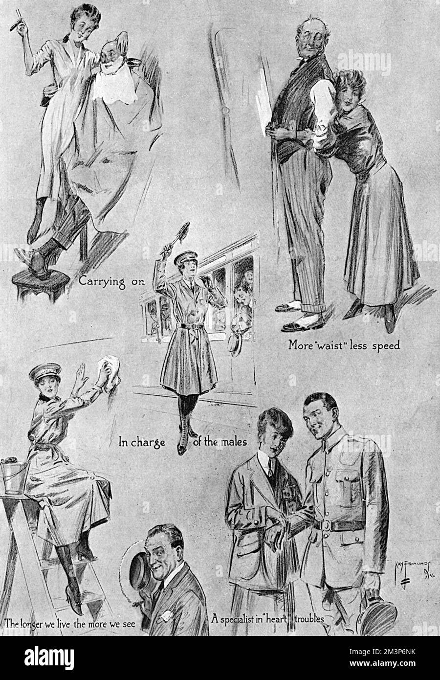 Eine Seite mit Skizzen von "Männerarbeit, die die Männer den Frauen wünschen", eine humorvolle (und leicht chauvinistische) Bemerkung zu den traditionell männlichen Jobs, die Frauen während des Ersten Weltkriegs angenommen haben. 1916 Stockfoto