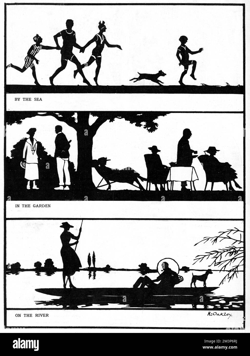 Sonnenschein und Schatten im Sommer. Eine Reihe idyllischer Szenen während des Sommers, die vom berühmten Silhouettenkünstler Captain H. L. Oakley geschnitten wurden. Das obere Bild zeigt eine Gruppe, die am Meer herumtanzt. Eine zweite zeigt Tennis und Tee auf Liegestühlen in einem Garten, die dritte zeigt eine Dame, die auf dem Fluss tanzt. Datum: 1919 Stockfoto