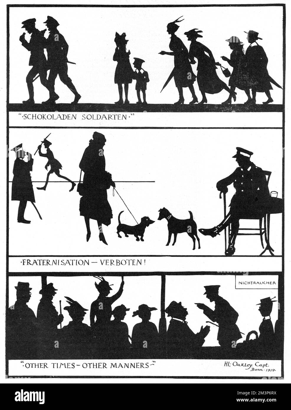 Helle Szenen aus dem Rheinland in Deutschland, die nach dem Ende des Ersten Weltkriegs von den Briten besetzt wurden und die die guten Manieren und die Schokolade der britischen Soldaten als Anziehungspunkt für die deutschen Betrüger zeigen. Im mittleren Bild steht ziemlich humorvoll "Fraternisation Verboten". Datum: 1919 Stockfoto