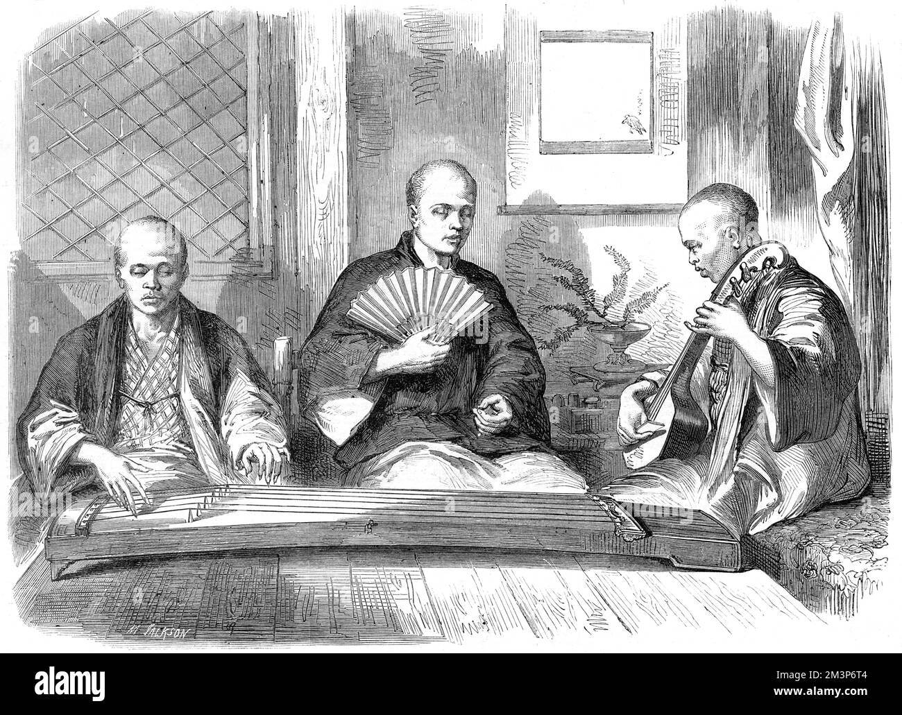 Drei blinde japanische Musiker. Einer spielt Koto, der andere ein Samisen. Datum: 1864 Stockfoto