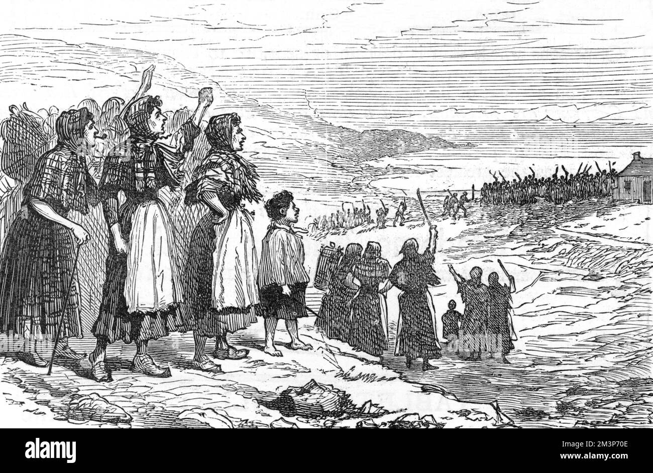Frauen beobachten ein Crofters Meeting auf der schottischen Insel Lewis, in den westlichen Hebriden. Datum: 1888 Stockfoto