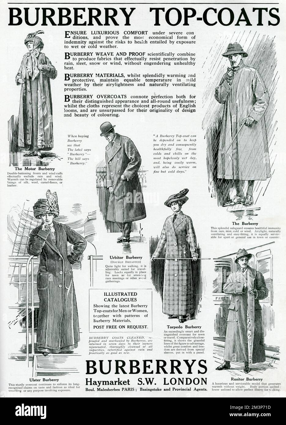 Verschiedene wasserdichte Mäntel für Herren und Damen erhältlich von Burberry Haymarket, London 1913 Stockfoto