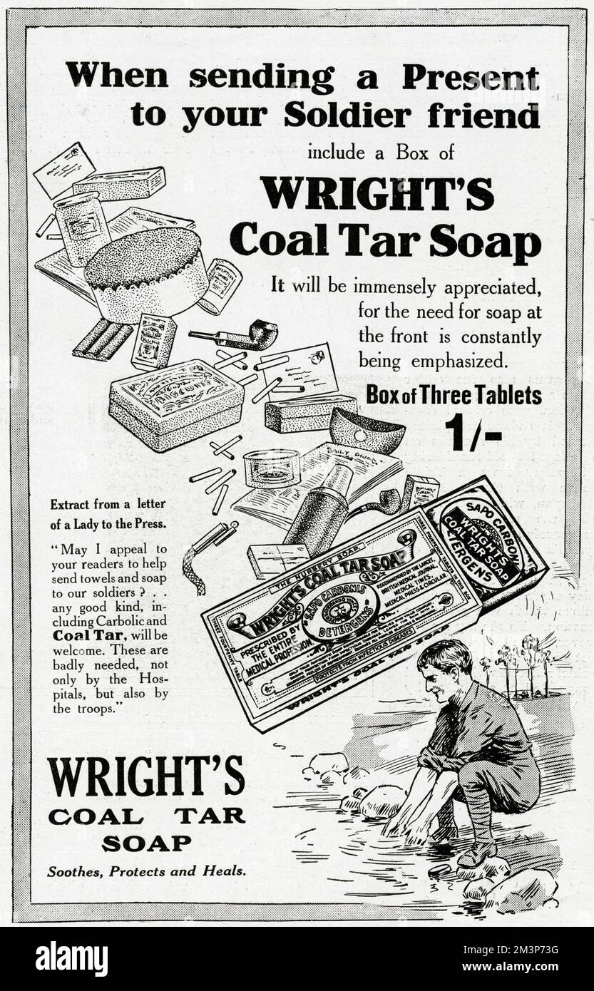 Werbung für Wright's Coal Tar Seife, das ideale Weihnachtsgeschenk für einen Soldaten an der Front, zusammen mit einem Stück Kohlenteer Rasierseife. „Das wird sehr geschätzt, denn der Bedarf an Seife an der Front wird ständig betont.“ Datum: 1915 Stockfoto