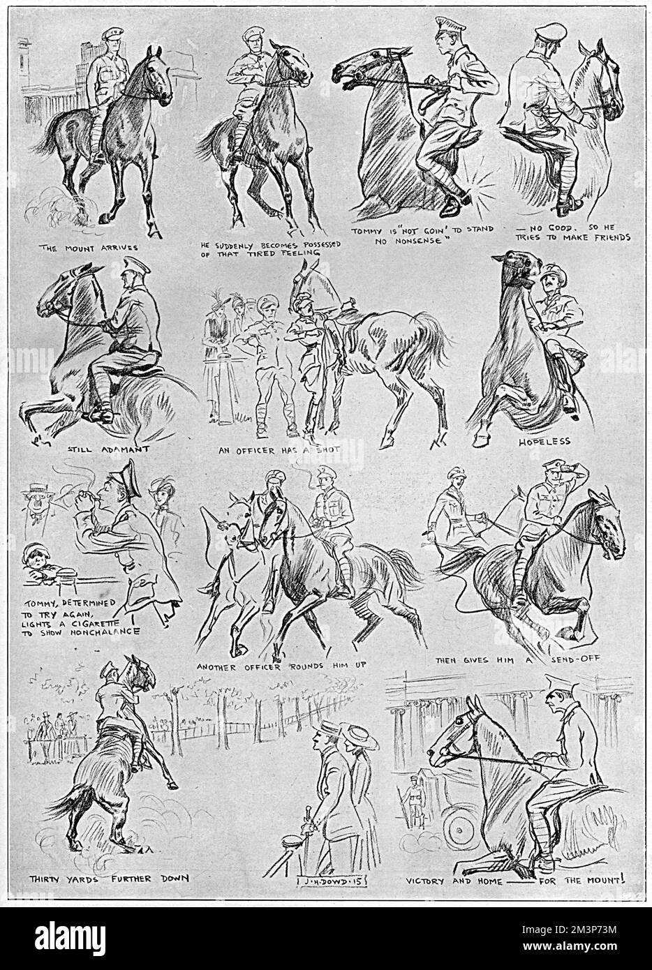 "In der Reihe würde er nicht gehen". Zeichnungen von J. H. Dowd (oder den Gewehren des Künstlers), von einem Armeeoffizier, der während des Ersten Weltkriegs versucht, ein temperamentvolles Pferd einzubrechen. Datum: 1915 Stockfoto