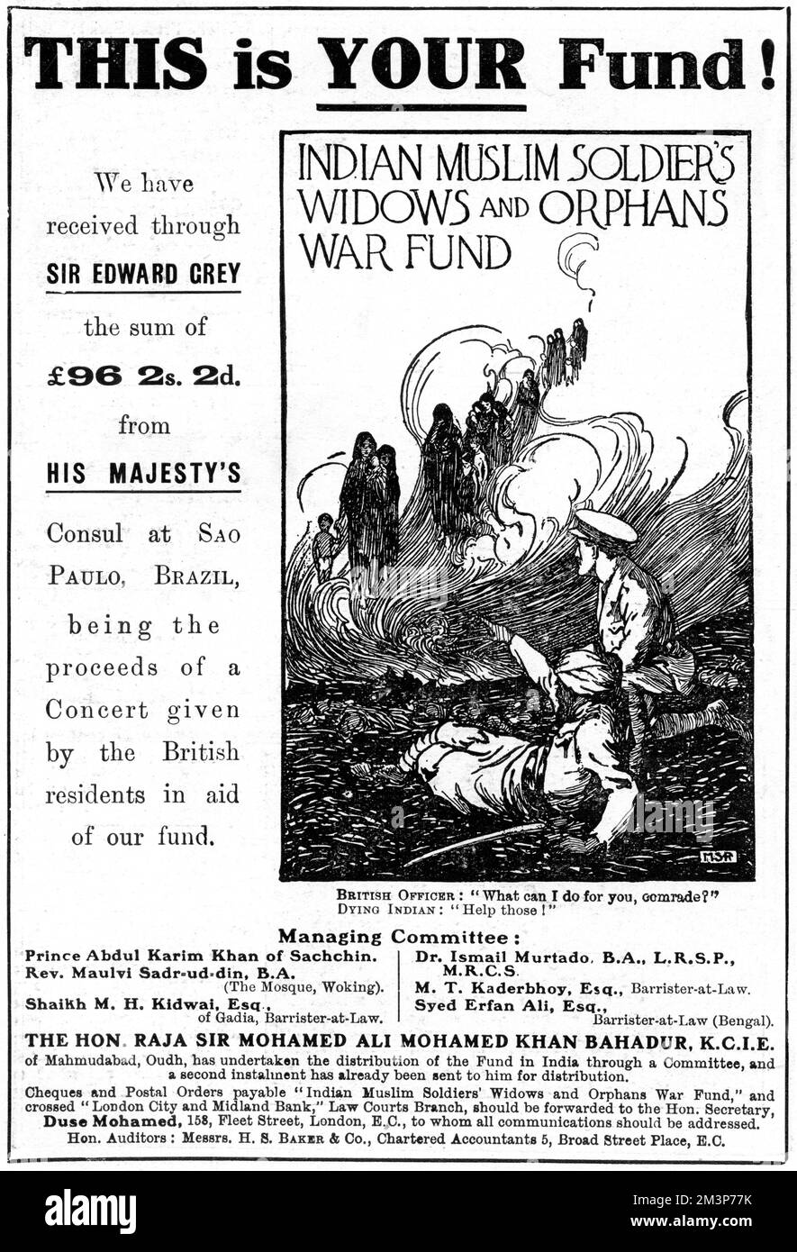 Werbung für die Witwen und Waisen des indischen muslimischen Soldatenkriegs, die Geld aufbringen, um Familien gefallener indischer Soldaten im Ersten Weltkrieg Hilfe und Hilfe zu leisten. Datum: 1916 Stockfoto
