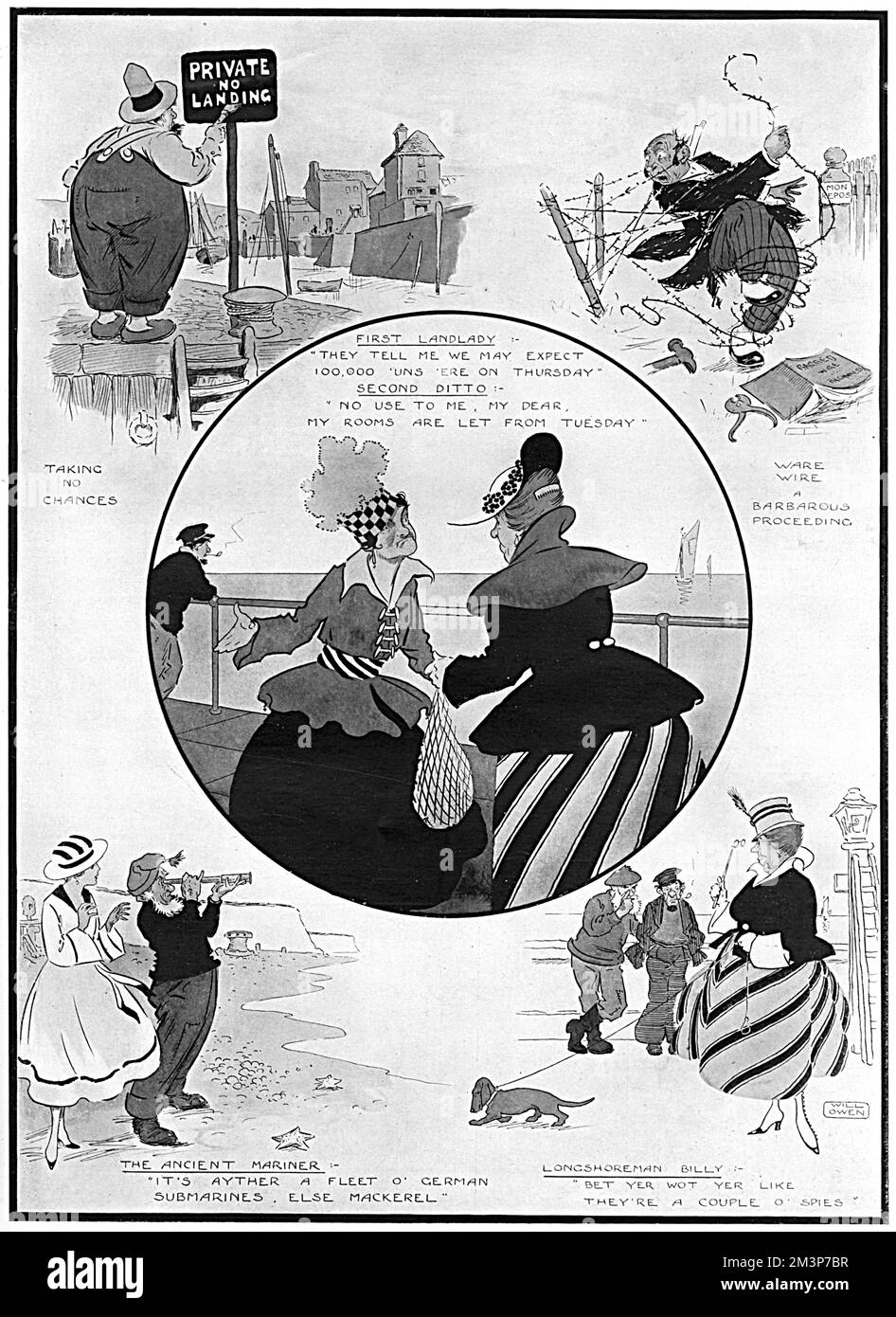 Eine Seite mit humorvollen Skizzen zum Thema der Ostküsten-Bombardierung Großbritanniens während des Ersten Weltkriegs, von verwirrten Landfrauen, die nicht wissen, was sie mit ihren potenziellen Gästen machen sollen, bis hin zu alten Salzen, die einem Dackel-Besitzer verdächtig sind. Stockfoto