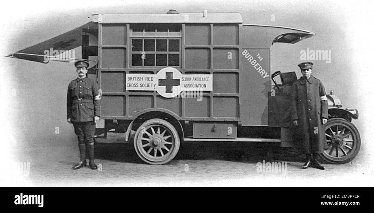 Eine Motorsuppenküche, die dem Roten Kreuz von Messrs. Burberry's of Haymarket 1915 präsentiert wurde. Das Fahrzeug war „sehr kompakt und wartungsfähig“ und wurde „nach einer speziellen Spezifikation hergestellt, die von der Gesellschaft zugelassen und vom Ingenieur der R.A.C. beaufsichtigt wurde“. Die Überschrift besagt, dass "bis jetzt der Titel auf dem Auto, "die Burberry", nur mit den wetterfesten Mänteln der Firma in Verbindung gebracht wurde." Die Firma stellte natürlich auch den unerlässlichen Trenchcoat für Offiziere während des Ersten Krieges zur Verfügung. Datum: 1915 Stockfoto