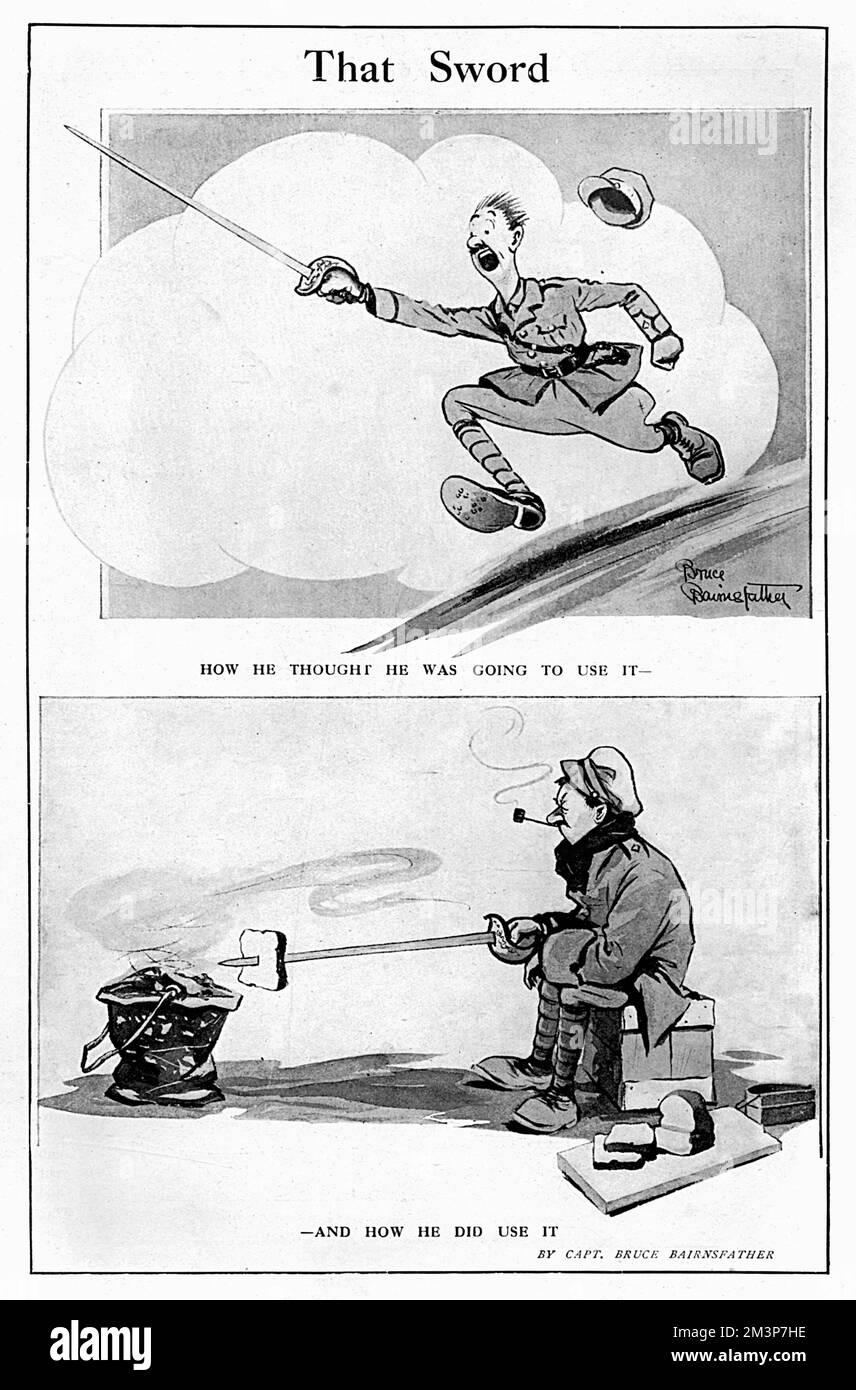 Ein Cartoon von Bruce Bairnsfather, in dem die erfundene und tatsächliche Verwendung eines Schwertes im Ersten Weltkrieg nebeneinander stehen. Datum: 1915 Stockfoto