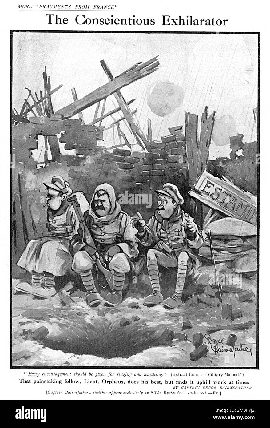 "Der konwissenschaftliche Exhilarator" "jede Ermutigung sollte für Singen und Pfeifen gegeben werden" - (Auszug aus einem Militärhandbuch) "dieser mühsame Kerl, Lieut. Orpheus tut sein Bestes, findet es aber manchmal bergauf.“ Ein Cartoon von Bruce Bairnsfather, im Zuschauer. Es fällt dem Lieutenant schwer, Old Bill und Bert zu ermutigen, mitzumachen. Datum: 1916 Stockfoto