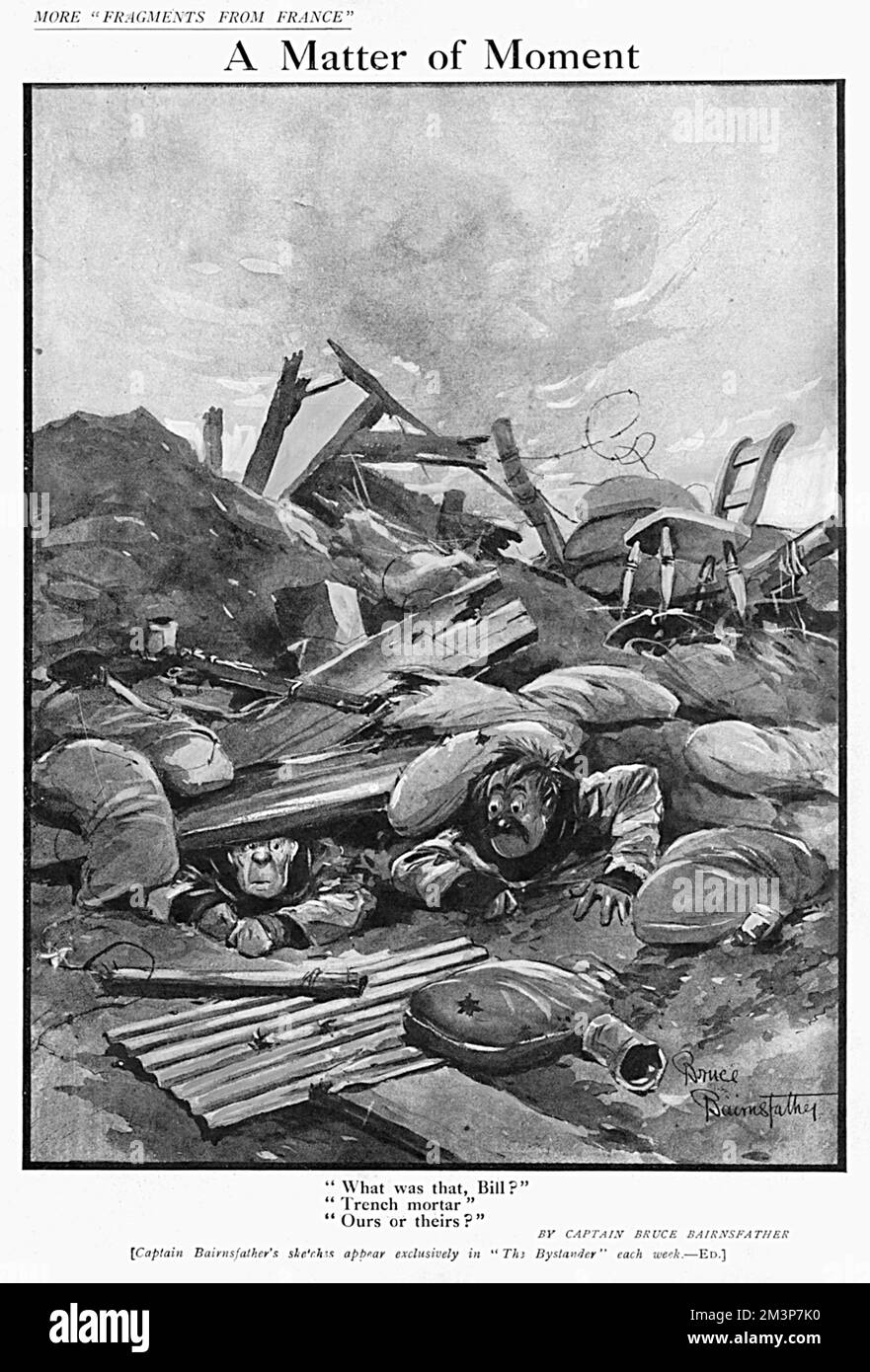 "Eine Frage des Augenblicks", "Was war das, Bill?" "Grabenmörtel", "unseres oder ihres?" Ein Cartoon von Bruce Bairnsfather im Zuschauer mit seinen beliebten Figuren Old Bill und Bert Datum: 1916 Stockfoto