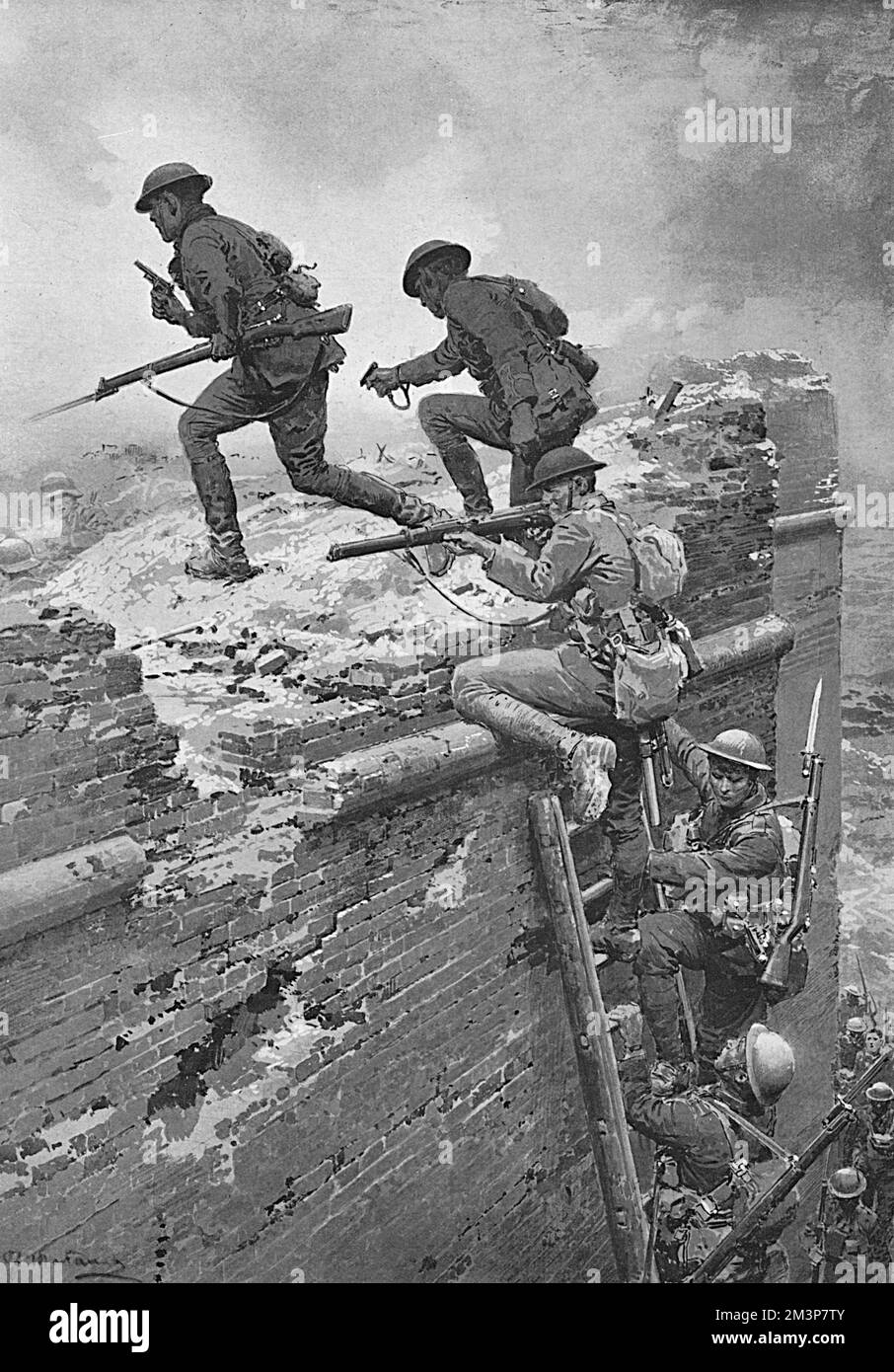 Neuseeländische Truppen erklimmen die Mauern der französischen Stadt Le Quesnoy. In ihrer letzten großen Aktion des Krieges eroberten die Neuseeländer erfolgreich die Stadt, die seit August 1914 4 am 1918 von deutschen Streitkräften besetzt war Stockfoto