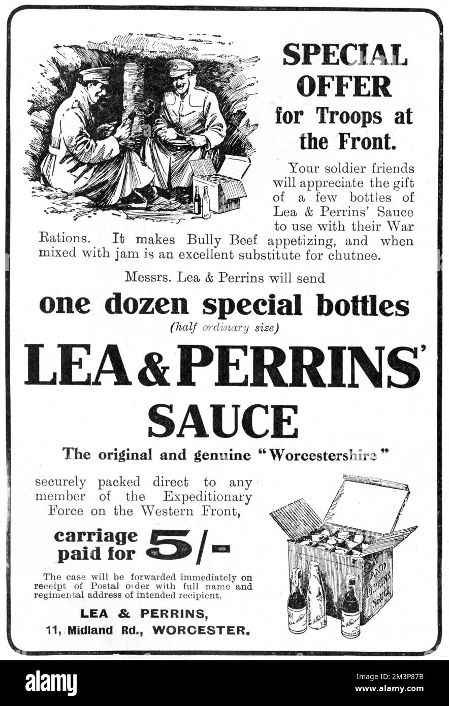 Werbung für Lea und Perrins Worcestershire Sauce, ein perfektes Geschenk für Soldaten an der Front, um sie mit ihren Kriegsrationen zu verwenden, mit der Behauptung, dass es Rübenfleisch appetitlich macht und wenn es mit Marmelade gemischt war ein ausgezeichneter Ersatz für Chutnée (Chutney). Der Werbespot hat ein Sonderangebot für Truppen an der Front - eine Schachtel mit einem Dutzend Spezialflaschen in halber Größe für fünf Schilling, für die die Kutsche bezahlt wird. Datum: 1915 Stockfoto