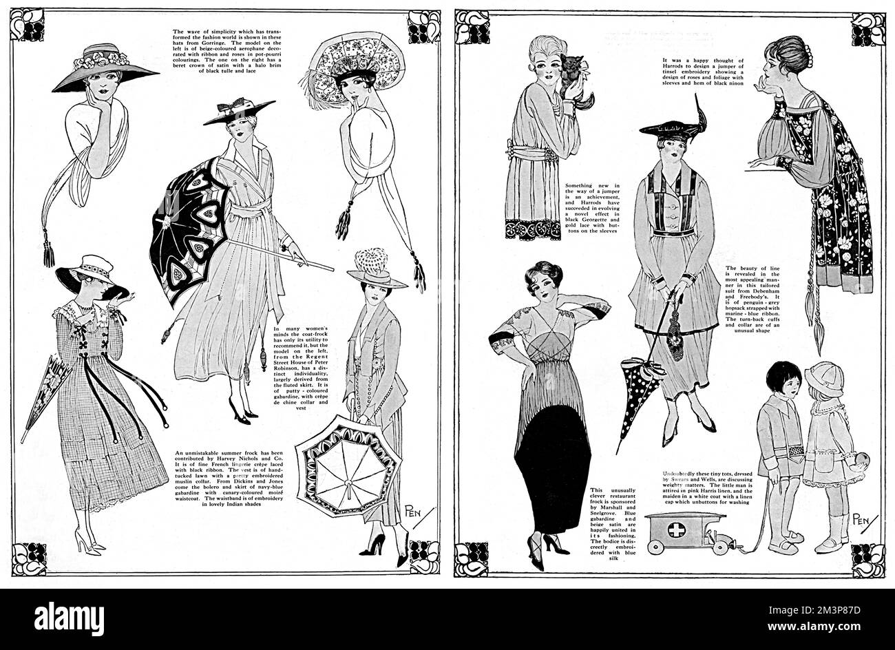 Ein doppelseitiger Aufdruck vom Tatler, der Beispiele für wirtschaftliche Outfits enthält, die in Kriegszeiten gekauft werden könnten. Extravagante Abendkleider werden nicht angeboten, sondern stattdessen werden Mantel- und Sommerkittel sowie maßgeschneiderte Anzüge von Einzelhändlern wie Harrods, Debenham &amp; Frebody, Marshall &amp; Snelgrove, Schwört &amp; Wells, Harvey Nichols, Peter Robinson und Gorringe. Beachten Sie die Kinder, die mit einem Rettungswagen des Roten Kreuzes spielen. 1917 Stockfoto