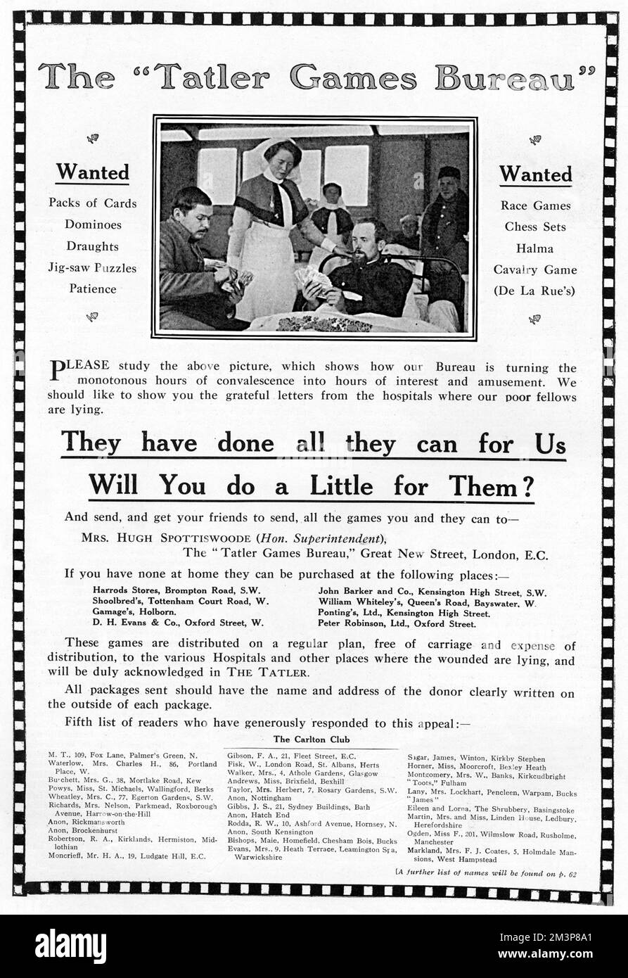Werbung für die Kampagne des Tatler Magazins während des Ersten Weltkriegs, Spenden von Brettspielen, Schachsets, Spielkarten, Puzzles usw. für die Unterhaltung von verwundeten Soldaten in Krankenhäusern zu sammeln. Die Seite zeigt ein Foto von Genesungsspielern, einen weiteren Appell und eine Liste der neuesten Spender, einschließlich des Carlton Clubs. Datum: 1914 Stockfoto