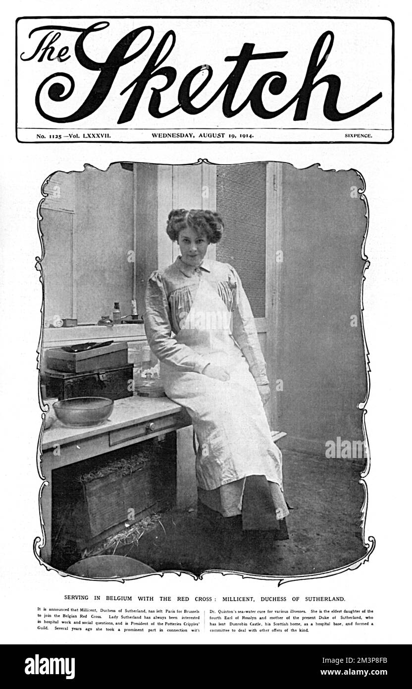Millicent Fanny Sutherland-Leveson Gower- [n&#x9960;Millicent Fanny St Clair-Erskine], Herzogin von Sutherland (18671955), Gesellschaftsberaterin und Sozialreformerin, auf dem Titelblatt des Sketch Magazins im Jahr 1914 in einer Krankenschwester-Uniform für ihre Arbeit mit dem Roten Kreuz während des Krieges zu sehen. Hier wird sie in Belgien gesehen, nachdem sie im Sommer 1914 dem belgischen Roten Kreuz beigetreten ist. Datum: 1914 Stockfoto