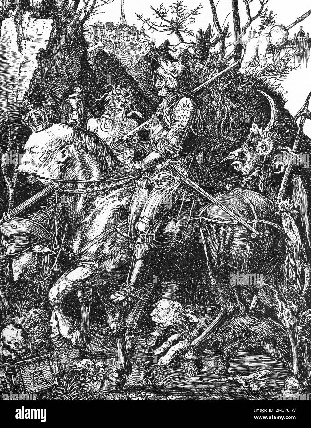 Eine dunkle und grausige Illustration, inspiriert von der berühmten Gravur Knight, Death &amp; The Devil von Albrecht Durer, in der der Kaiser auf einem Bismarck-Pferd reitet, mit einem Baby, das auf seiner Lanze spießt und verschiedene furchteinflößende Kreaturen seine Route säumen. Datum: 1915 Stockfoto