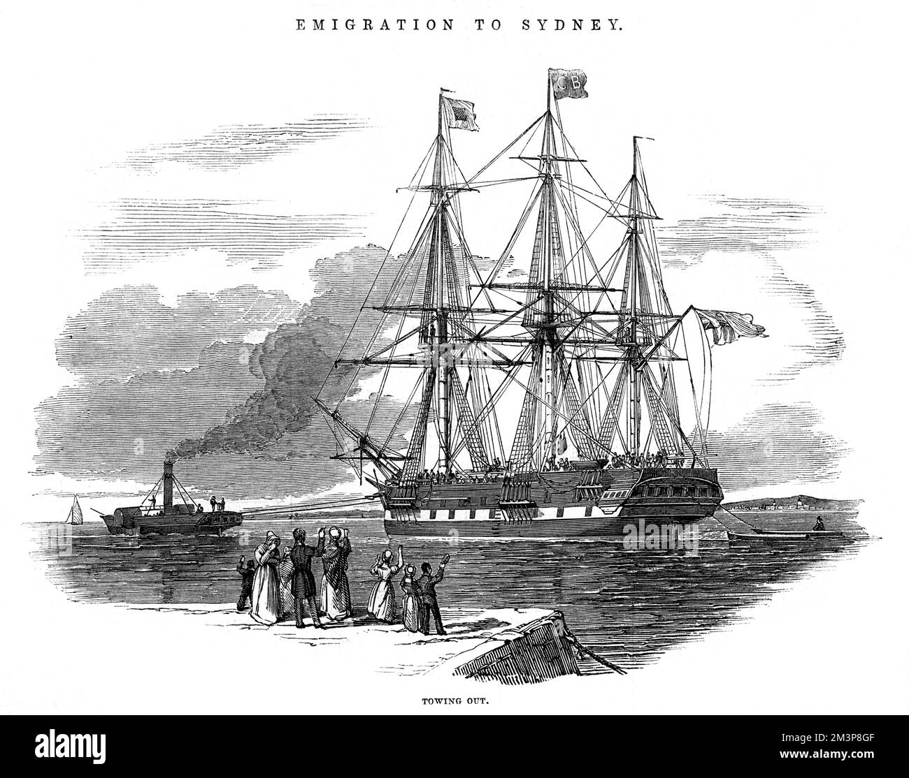 Das Emigrantenschiff St. Vincent, auf dem Weg nach Sydney, Australien, wird abgeschleppt. Das Schiff verließ Deptford, Süd-London, vorbereitete die Fahrt nach Plymouth, dann Cork in Irland, bevor es nach Australien ging. Datum: 1844 Stockfoto