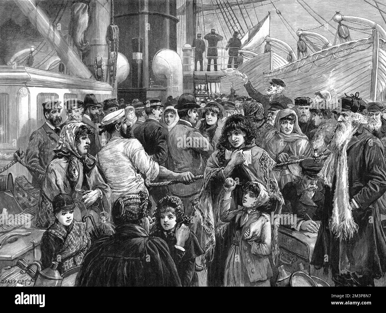 Auswanderung der russischen Juden - der Arzt, der die Zwischenlandpassagiere vor ihrem Abflug aus Liverpool untersucht. Eine Szene an Bord des Guion-Schiffs "Wisconsin", in der Mersey. Datum: 1891 Stockfoto