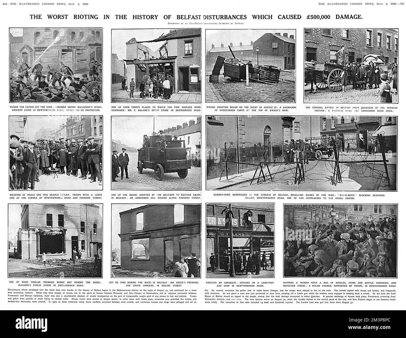 Eine Doppelseite der illustrierten London News, die über Aufstände in Belfast berichtet, die in der Nacht des 23.. August begannen und eine Woche lang andauerten. Das Feature trägt den Titel „die schlimmsten Aufstände in der Geschichte der Belfast-Unruhen, die 500.000 Schäden verursachen“. Panzerwagen und Lewis-Waffen wurden verwendet, um die Fraktionen zu besiegen, mit Stacheldraht-Barrikaden in den Straßen. Kneipen und Geschäfte wurden angezündet, und von Gewerkschaftern wurden Bildstücke an Lammpfählen aufgehängt. Datum: August 1920 Stockfoto
