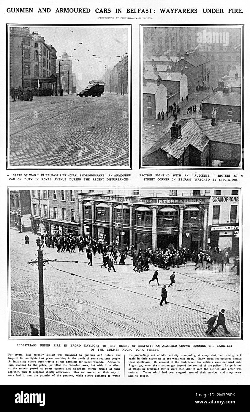 Eine Seite der illustrierten London News vom 10.. September 1921, die über Aufstände in Belfast berichtet. Ein gepanzertes Auto wird im Dienst in der Royal Avenue gezeigt, und Aufrührer werden an einer Straßenecke von Zuschauern beobachtet. York Street wird gezeigt, mit einer alarmierten Menge unter Beschuss am helllichten Tag. Datum: 1921 Stockfoto