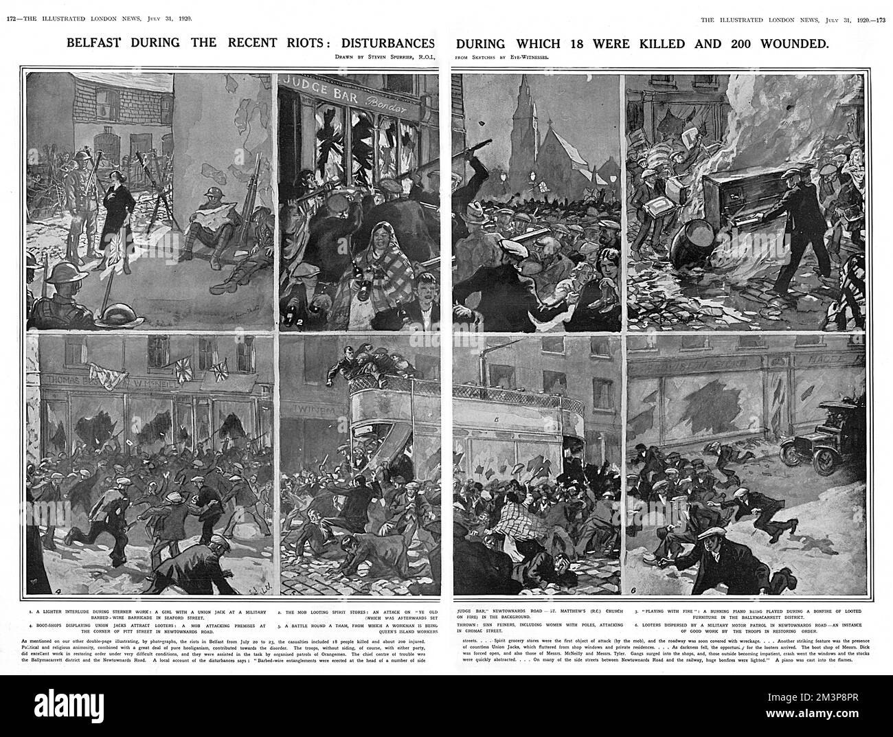 Eine Doppelseite der illustrierten London News, die über Aufstände in Belfast vom 20.. Bis 23.. Juli 1920 berichtet. Bei den Unruhen wurden 18 Menschen getötet und 200 verwundet. Läden wurden durchwühlt und Spirituosengeschäfte geplündert, während Truppen versuchten, die Ordnung wiederherzustellen. Datum: Juli 1920 Stockfoto