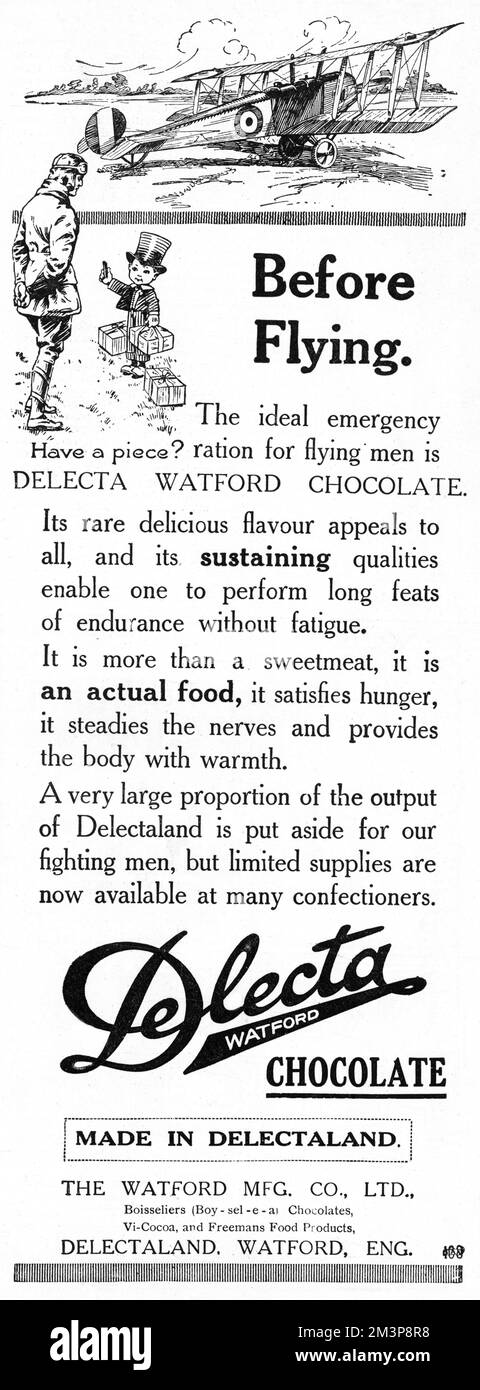Werbung für Delecta Schokolade, hergestellt in Watford, Hertfordshire (oder nach dem Text, hergestellt in Delectaland), die ideale Notfall-Ration für fliegende Männer. Datum: 1918 Stockfoto