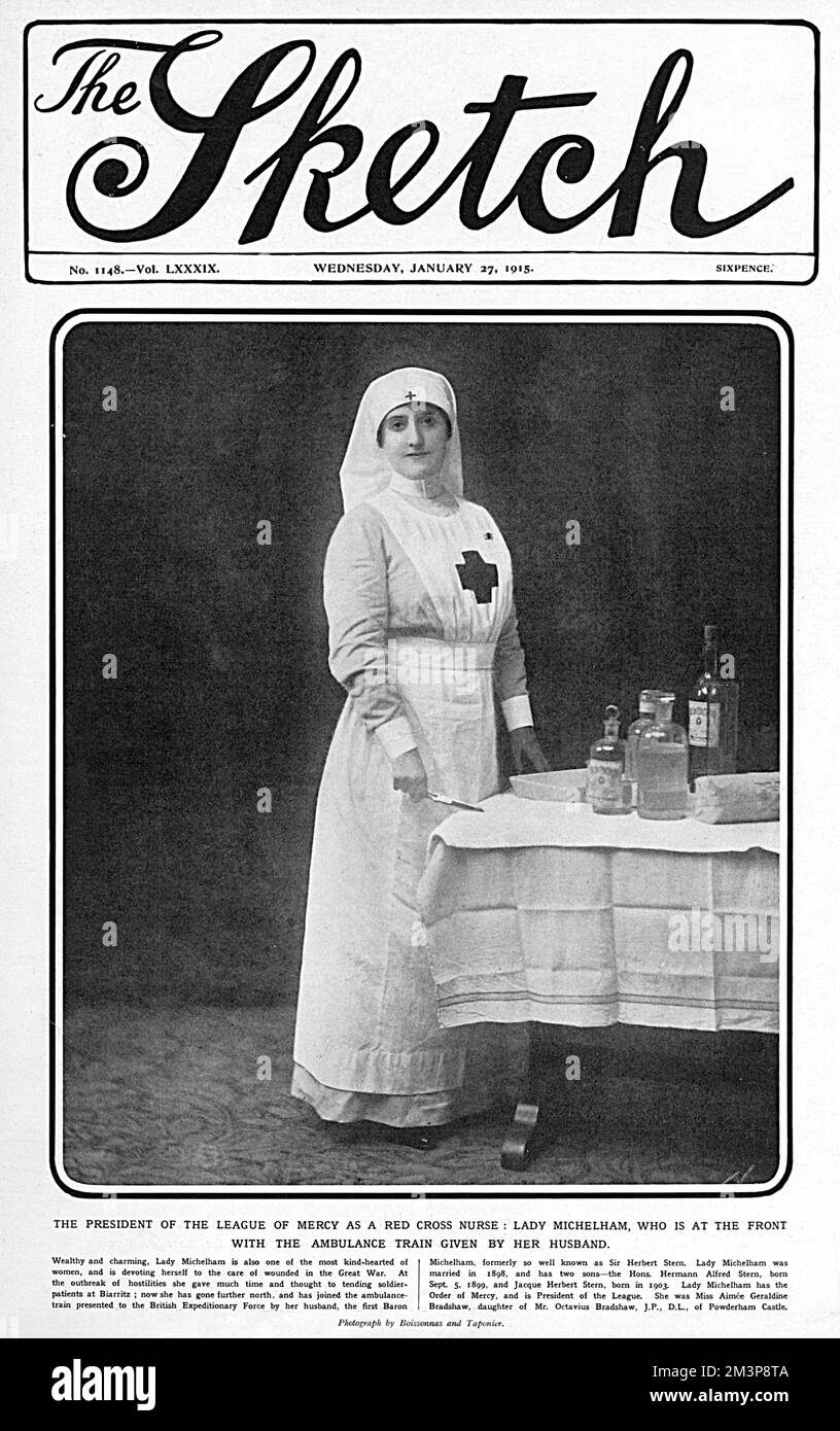Titelseite des Sketch Magazins mit Lady Michelham, ehemals Miss Aimee Geraldine Bradshaw, als sie an einem Krankenwagen arbeitete, der von ihrem Ehemann Sir Herbert Stern (1. Baron Michelham) übergeben wurde. Zu Beginn des Krieges kümmerte sie sich um die Verwundeten in Biarritz, bevor sie nach Norden zog, um mit der britischen Expeditionstruppe zu arbeiten. Datum: 1915 Stockfoto
