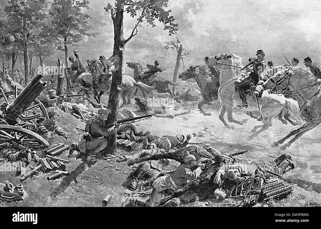 Der Vorwurf der französischen Leichtkavallerie gegen die Deutschen auf der Straße nach Lassigny (ein Dorf zwischen Montvidier und Noyon in Frankreich) während des Ersten Weltkriegs. Stockfoto