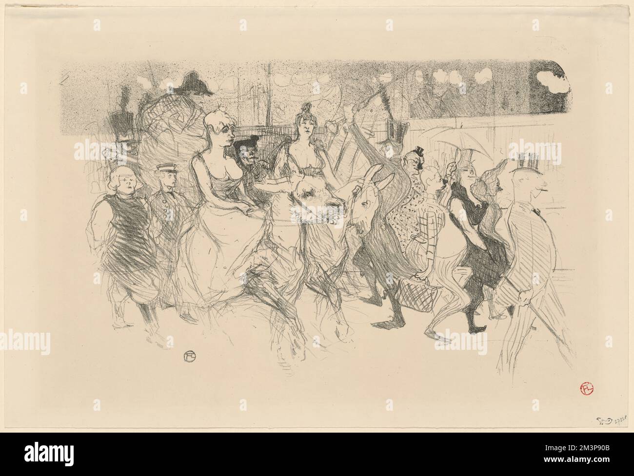 Une redoute au Moulin-Rouge , Tänzer, Clowns, Esel, Paraden und Prozessionen, Goulue, 1866-1929, Moulin-Rouge Nachtclub : Paris, Frankreich. Henri de Toulouse-Lautrec (1864-1901). Ausdrucke und Zeichnungen Stockfoto