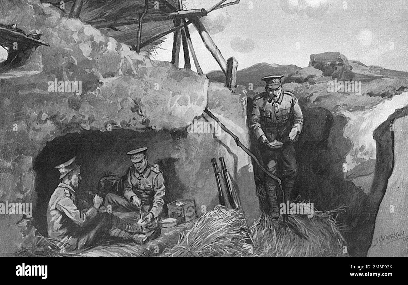Blick von innen auf einen britischen Graben im französischen Aisne-Viertel, der die Kopfbedeckung aus Stroh und Erde und den kommunizierenden Graben zeigt, entlang dessen ein Soldat in seinen eigenen Graben zurückkehrt. 1914 Stockfoto