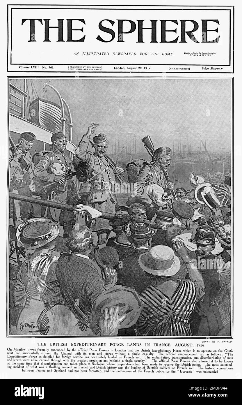 Schottische Soldaten, die Teil der britischen Expeditionstruppe sind, steigen in Boulogne in Frankreich aus und werden von der französischen Öffentlichkeit begeistert begrüßt. Datum: August 1914 Stockfoto
