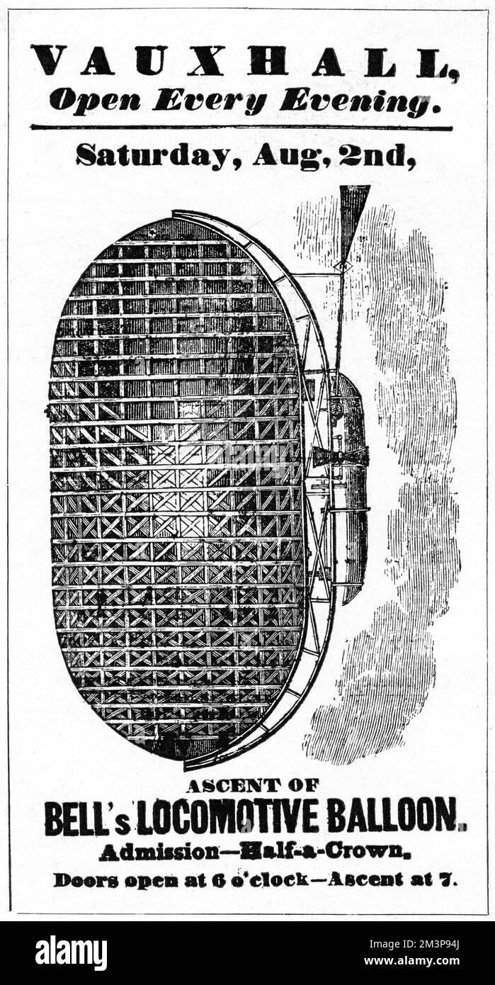 Der Ballon der Lokomotive, entworfen von einem Mr. Bell, einem Vorläufer des Zeppelin aus dem 20.. Jahrhundert, der in den 1850er Jahren mehrere Aufstiege in den berühmten Vauxhall Pleasure Gardens machte. Lord Palmerston Verbot Ballonausstellungen, die schließlich zur Schließung der Gärten führten. Datum: 1850er Stockfoto