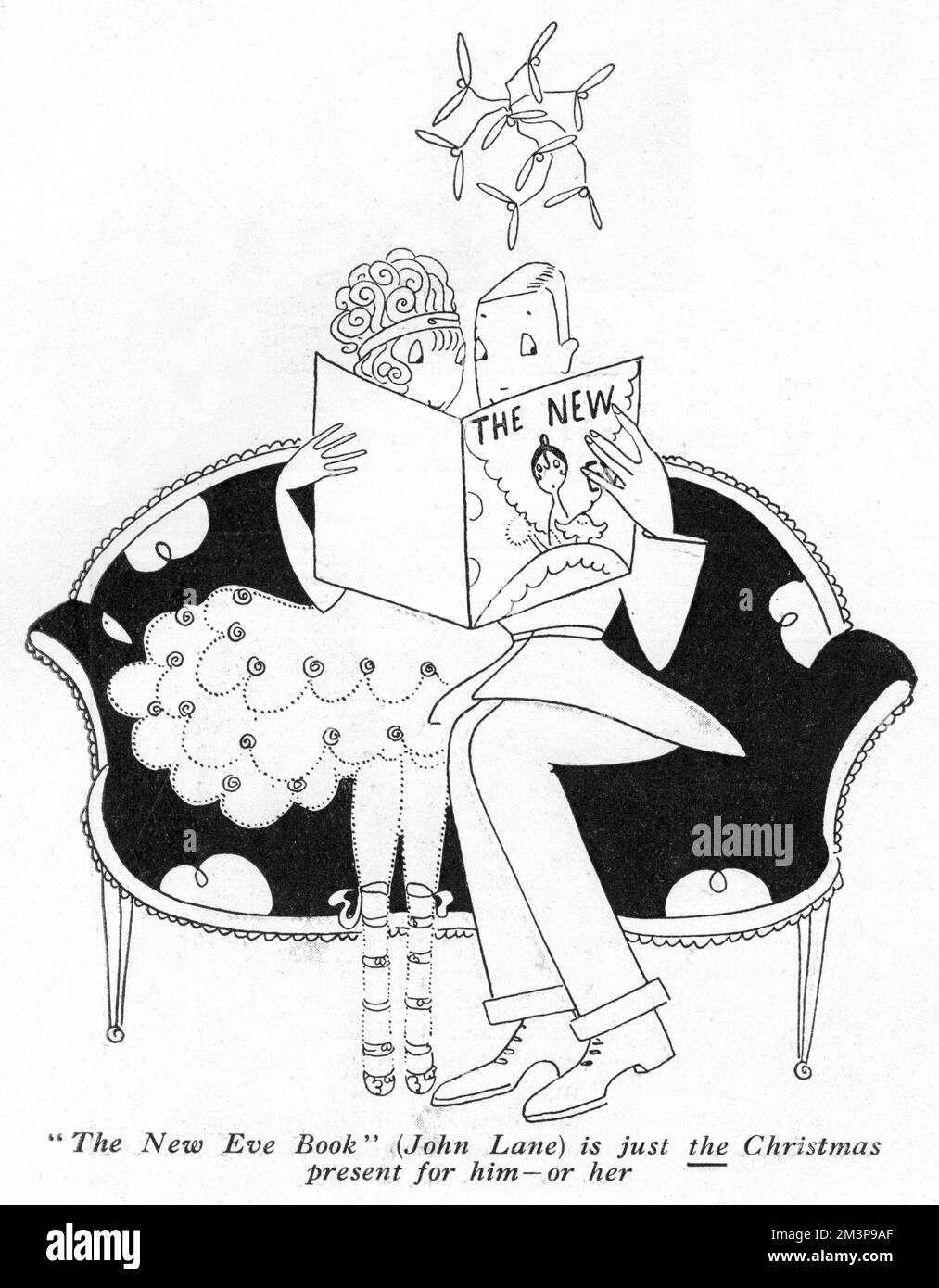 Eve, die Klatschkolumnistin des Tatler Magazins, stellte sich vor, wie sie das Neue Buch von Eve basierend auf ihrem Leben las, wie von Annie Fish illustriert. In einem Fall von Leben, in dem Kunst imitiert wird, liest sie das Buch mit einem Offiziersfreund unter einem Haufen Mistelzweige. Datum: 1917 Stockfoto