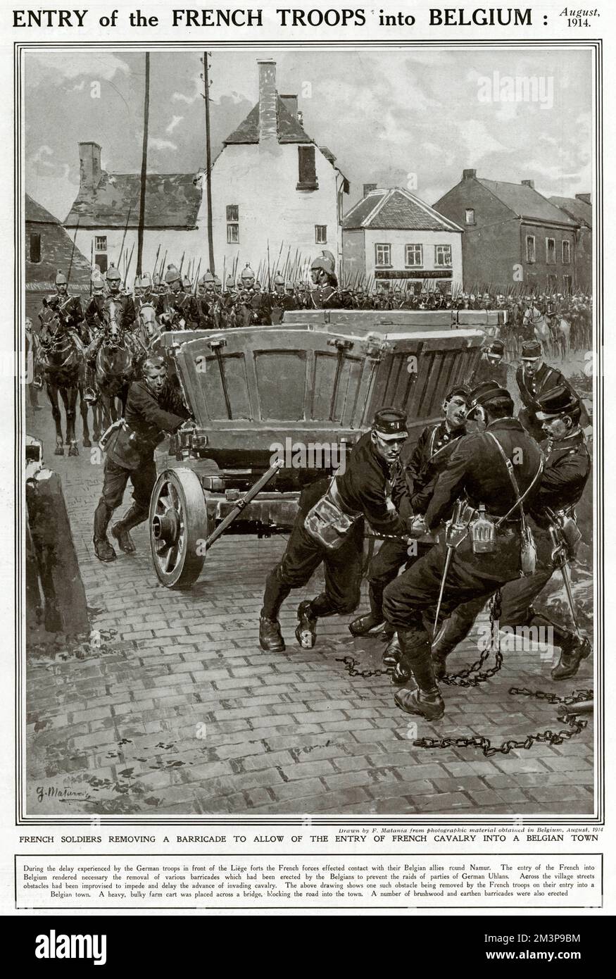 Französische Soldaten entfernen eine Barrikade, um die französische Kavallerie in eine belgische Stadt eindringen zu lassen. Die Barrikaden wurden errichtet, um die deutschen Uhlan-Razzien zu behindern und zu verzögern. August 1914 Stockfoto