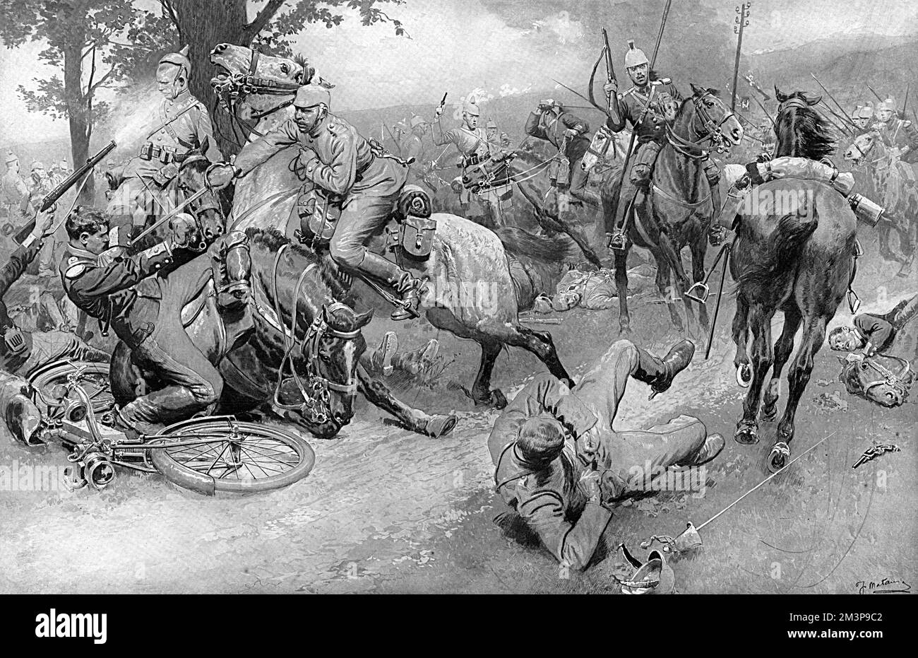 Eine Begegnung zwischen französischer und deutscher Kavallerie in den engen Grenzen einer Landstraße. August 1914 Stockfoto