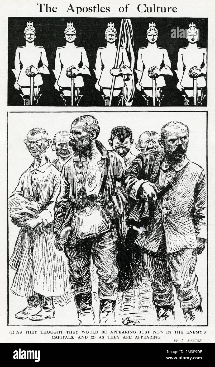 Cartoon, die Apostel der Kultur, mit dem heldenhaften Ideal des deutschen Soldaten (oben) und der Realität (unten). Datum: 1914 Stockfoto