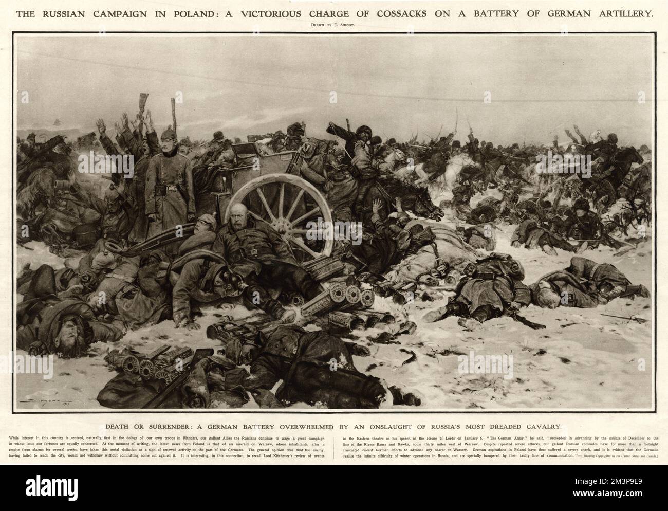 Tod oder Kapitulation: Eine deutsche Batterie überwältigt von einem Angriff der gefürchtetsten Kavallerie Russlands. Datum: 1915 Stockfoto