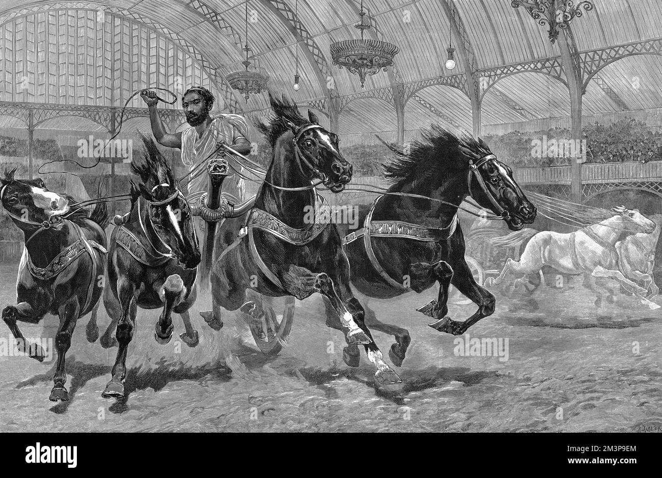 Das Paris Hippodrome in Olympia, die National Agricultural Hall, Kensington: Das römische Wagenrennen, von einem vier-Sterne-Fahrteam (Droski-Mode). Datum: 1886 Stockfoto