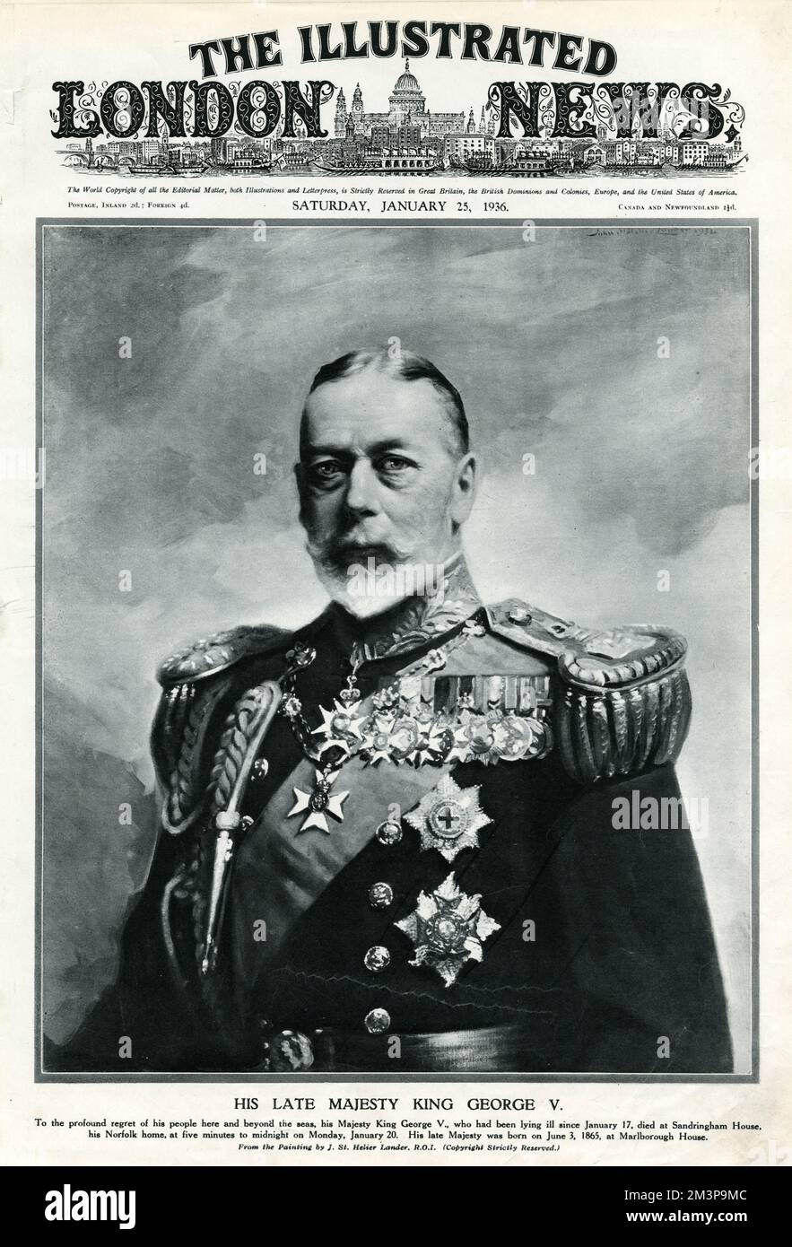 Tod des verstorbenen Königs George V (1865 - 1936), Titelseite der illustrierten London News, die George V in Militäruniform zeigt. Stockfoto