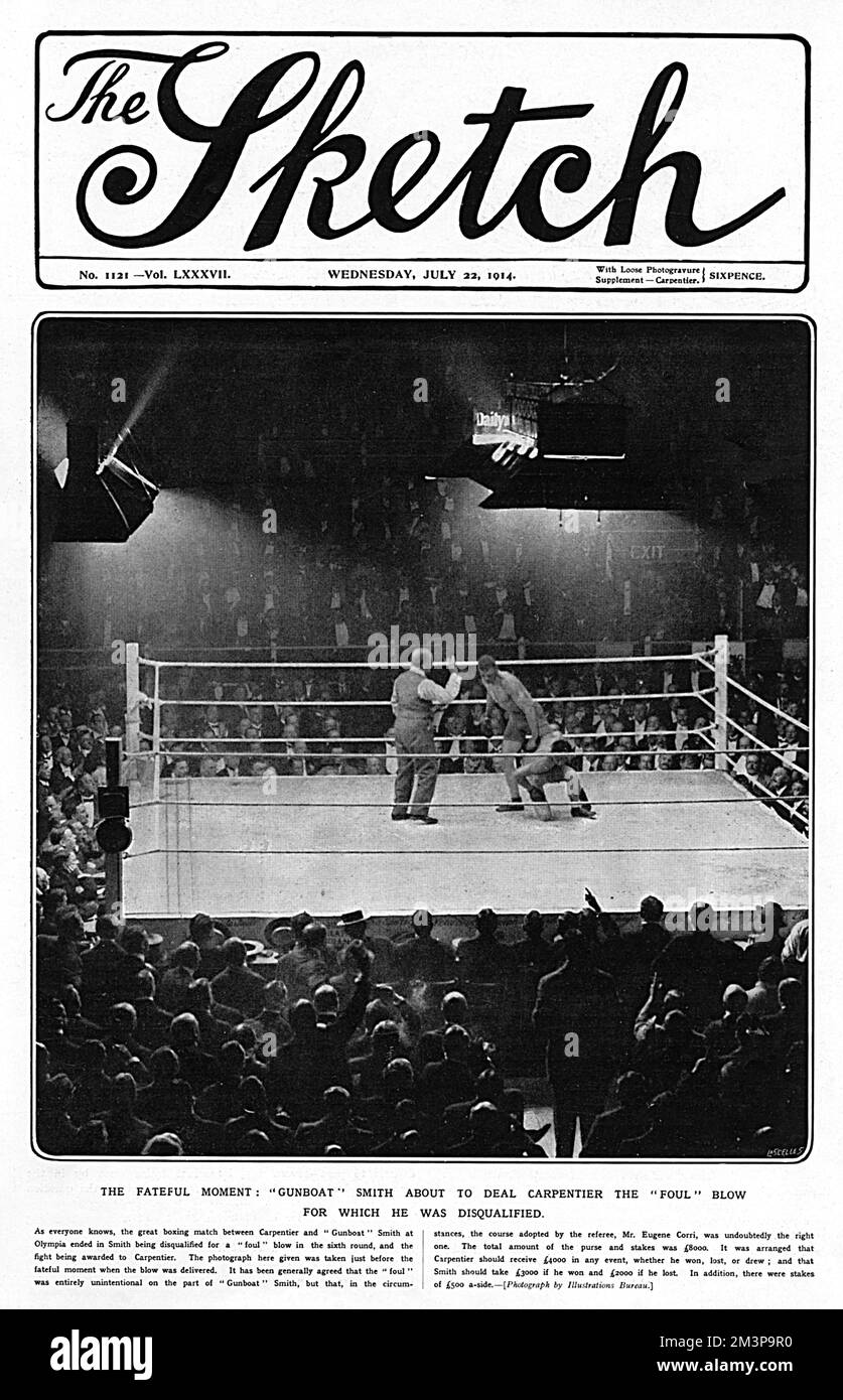 Titelseite des Sketch Magazins mit einem Foto des viel publizierten Boxkampfes in Olympia zwischen dem Franzosen, Georges Carpentier und „Gunboat“ Smith, das den Moment zeigt, bevor Smith Carpentier einen Foul-Schlag verpasst hat, der zu seiner Disqualifikation führte. Datum: 1914 Stockfoto