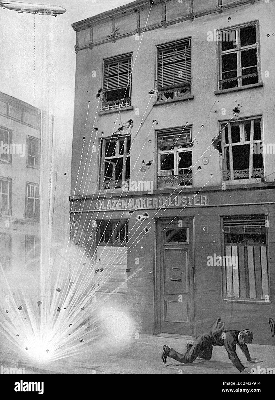 Ein „spezielles Kugeldiagramm“ kombiniert ein Foto des Bombenschadens an einem Gebäude in Antwerpen mit einer zusätzlichen Illustration der Bombe, die von einem deutschen Zeppelin abgeworfen wurde und beim Aufprall mit dem Boden explodierte. Die Bruchstücke fliegen nach oben und die obere Ebene des Gebäudes wird stärker beschädigt als das Erdgeschoss fa&#x7864;e. Den Bürgern von Lüttich wurde geraten, sich zu Boden zu werfen, als sie Bomben nähern hörten, was angeblich die Verletzungsgefahr durch das Bombensplitter verringerte. Datum: September 1914 Stockfoto