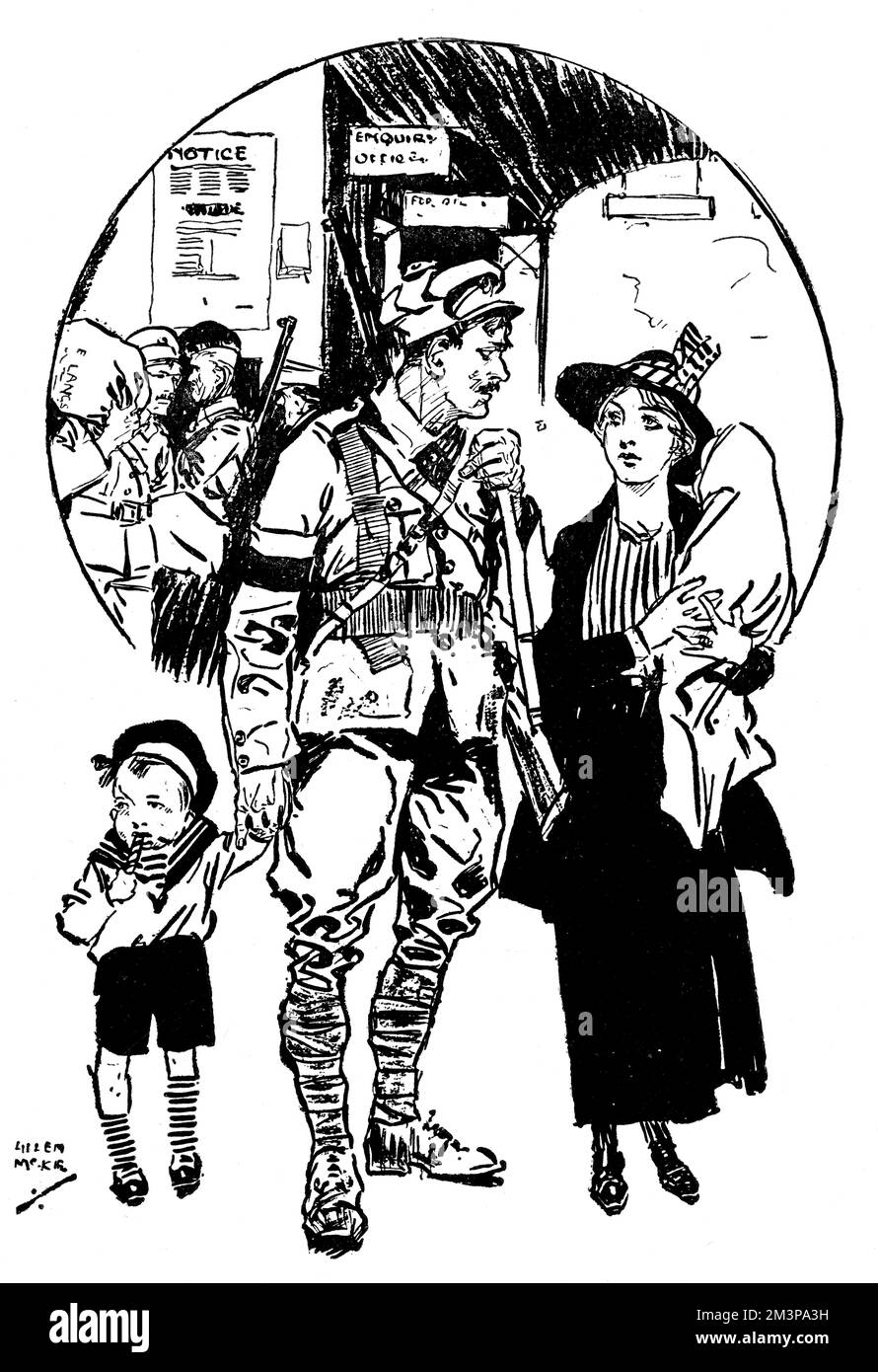 Die Abbildung zeigt Soldaten, die entweder von der Front nach Hause zurückkehren oder von der Victoria Station nach Frankreich zurückkehren, begleitet von ängstlichen Frauen und Familien. Datum: 1915 Stockfoto
