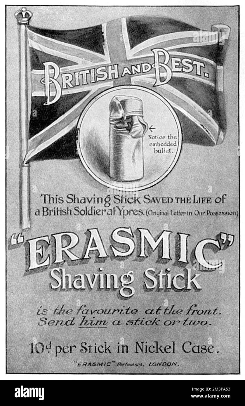 Werbung für Erasmic Shaving Stick – „British and Best“, einschließlich eines Stabs Rasierseife mit einer darin eingebetteten deutschen Kugel. Er wurde von einem Gefreiten des 2.. Middlesex Regiments getragen, dem das Leben gerettet wurde. Die Firma hatte einen Brief, in dem die Erfahrung beschrieben wurde, die sie in ihrem Besitz hatten. Datum: 1915 Stockfoto